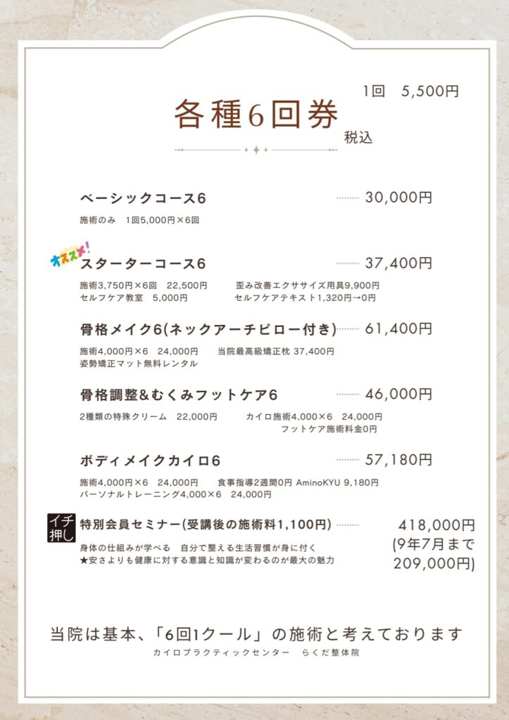 らくだ整体院 施術料金